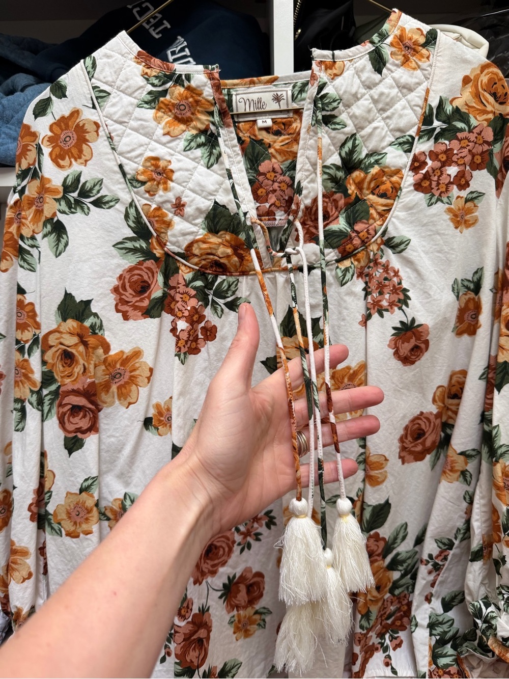 MILLE Floral Tassel Peasant Blouse - White with Orange Floral - Picture 3 of 5